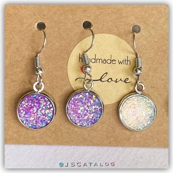 💜 Handmade Druzy Silver Round Dangling Earrings - Picture 1 of 3